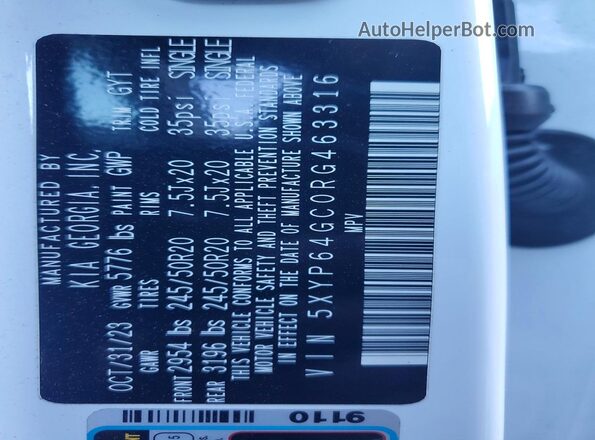 5XYP64GC0RG463316 2024 KIA TELLURIDE Белый Вид наклейки с VIN-кодом