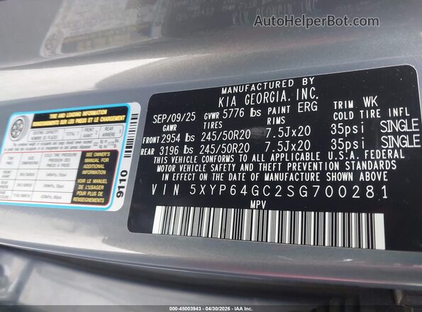 5XYP64GC2SG700281 2025 KIA TELLURIDE Gray Widok komory silnika