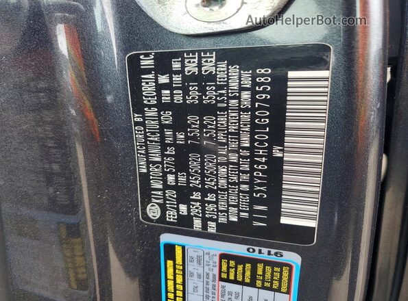 5XYP64HC0LG079588 2020 KIA TELLURIDE Charcoal VIN կոդի պիտակի տեսք