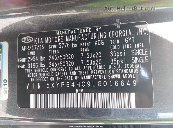 5XYP64HC9LG016649 2020 KIA TELLURIDE Gray Engine compartment view