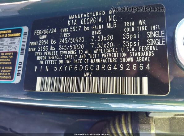 5XYP6DGC3RG492664 2024 KIA TELLURIDE Blue Engine compartment view