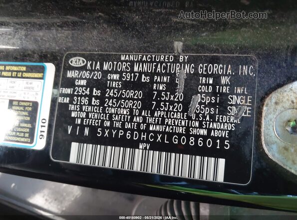 5XYP6DHCXLG086015 2020 KIA TELLURIDE Black Engine compartment view