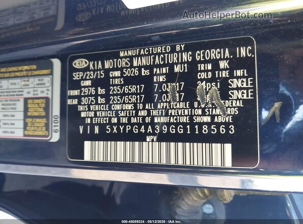 5XYPG4A39GG118563 2016 KIA SORENTO Dark Blue 
