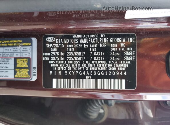 5XYPG4A39GG120944 2016 KIA SORENTO Maroon Շարժիչի բաժամունքի տեսք