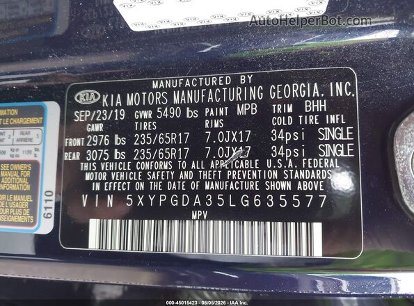 5XYPGDA35LG635577 2020 KIA SORENTO Blue 