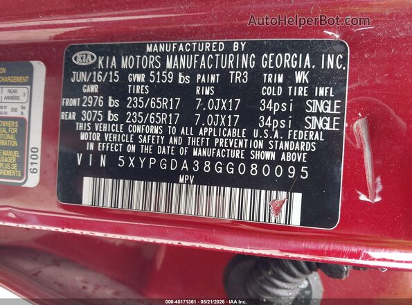 5XYPGDA38GG080095 2016 KIA SORENTO Red Շարժիչի բաժամունքի տեսք