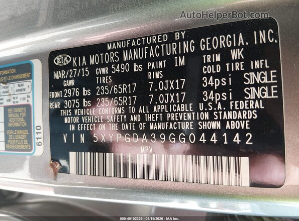 5XYPGDA39GG044142 2016 KIA SORENTO Gray Շարժիչի բաժամունքի տեսք