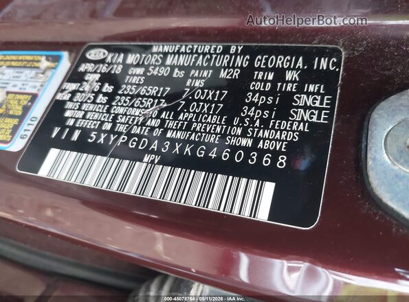 5XYPGDA3XKG460368 2019 KIA SORENTO Maroon Widok komory silnika