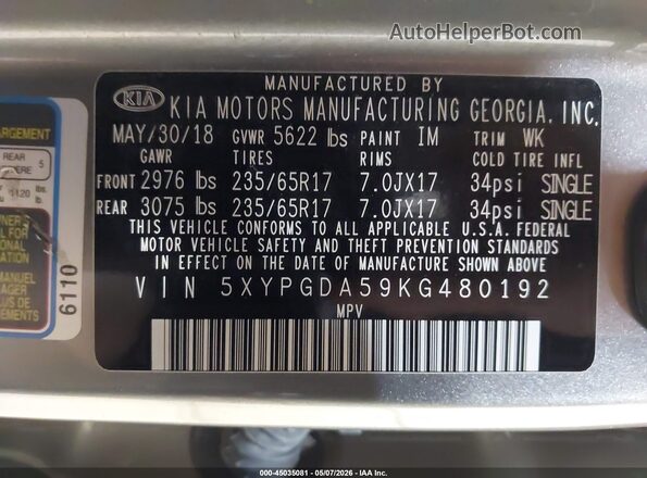 5XYPGDA59KG480192 2019 KIA SORENTO Серебряный 