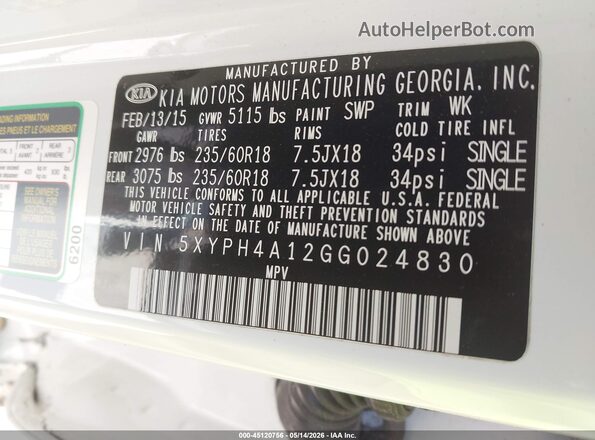 5XYPH4A12GG024830 2016 KIA SORENTO White Engine compartment view