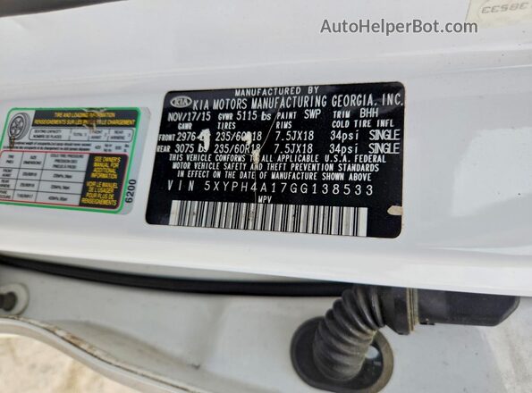 5XYPH4A17GG138533 2016 KIA SORENTO White Вид наклейки з VIN-кодом