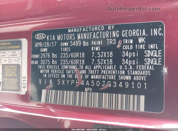 5XYPH4A50JG349101 2018 KIA SORENTO Red 