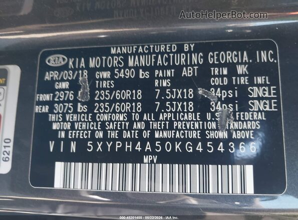 5XYPH4A50KG454366 2019 KIA SORENTO Gray Вид підкапотного простору