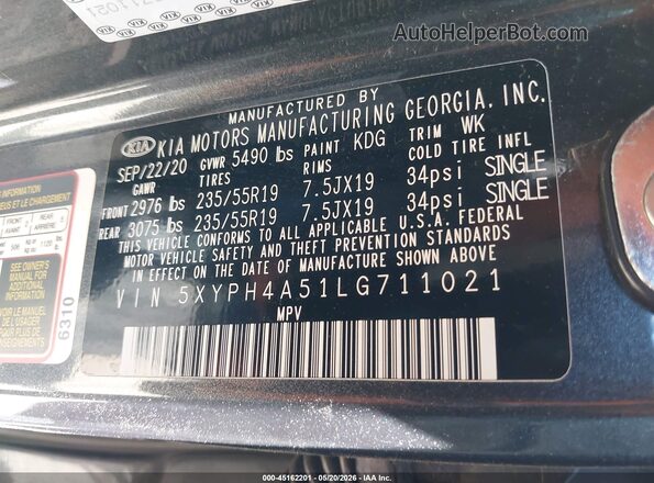 5XYPH4A51LG711021 2020 KIA SORENTO Black Vista del compartimento del motor