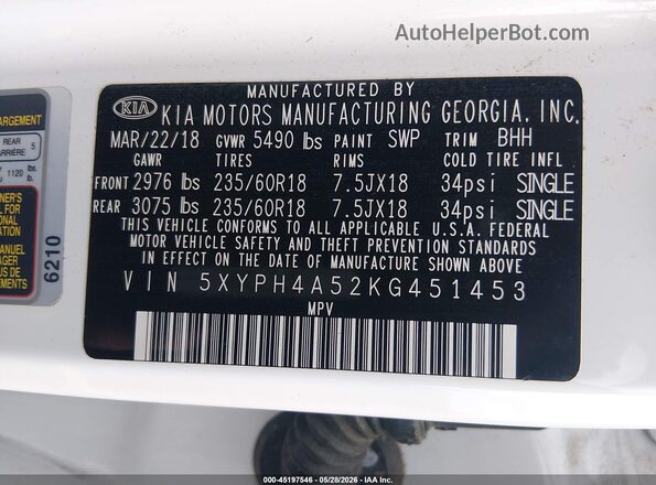 5XYPH4A52KG451453 2019 KIA SORENTO White Շարժիչի բաժամունքի տեսք