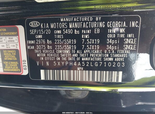5XYPH4A52LG710203 2020 KIA SORENTO Black Շարժիչի բաժամունքի տեսք