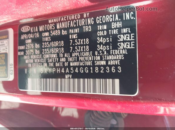 5XYPH4A54GG182363 2016 KIA SORENTO Red Вид підкапотного простору