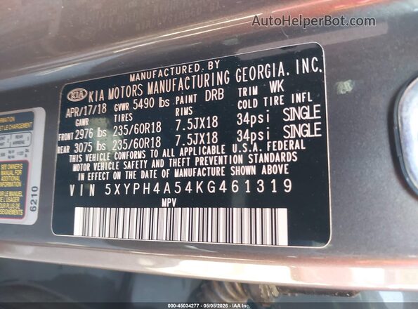 5XYPH4A54KG461319 2019 KIA SORENTO Серый 