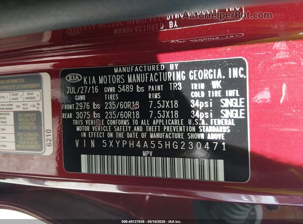 5XYPH4A55HG230471 2017 KIA SORENTO Красный Вид подкапотного пространства