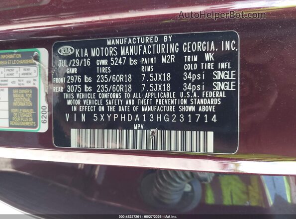 5XYPHDA13HG231714 2017 KIA SORENTO Темно-бордовый Вид подкапотного пространства