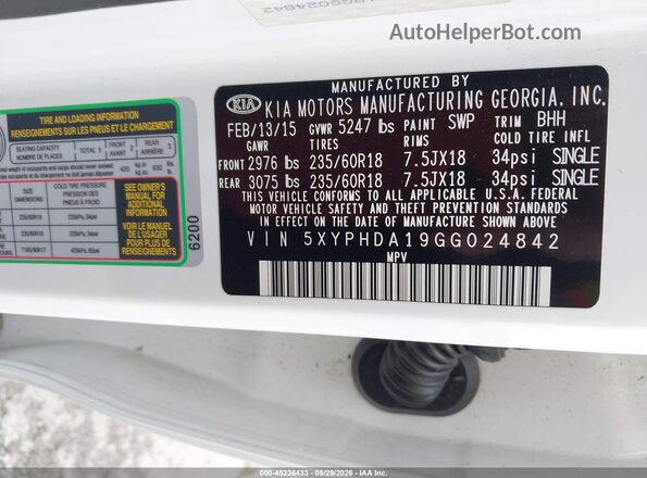5XYPHDA19GG024842 2016 KIA SORENTO White ძრავის განყოფილების ხედი