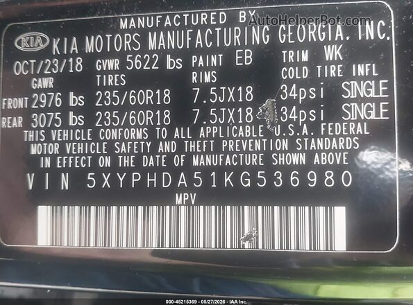 5XYPHDA51KG536980 2019 KIA SORENTO Black Вид підкапотного простору