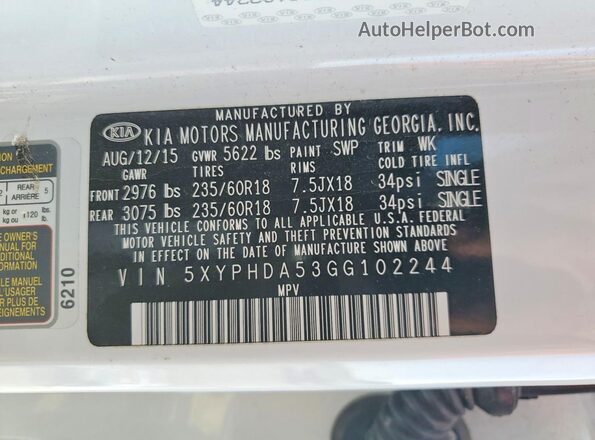 5XYPHDA53GG102244 2016 KIA SORENTO White 