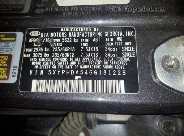 5XYPHDA54GG181228 2016 KIA SORENTO Black 
