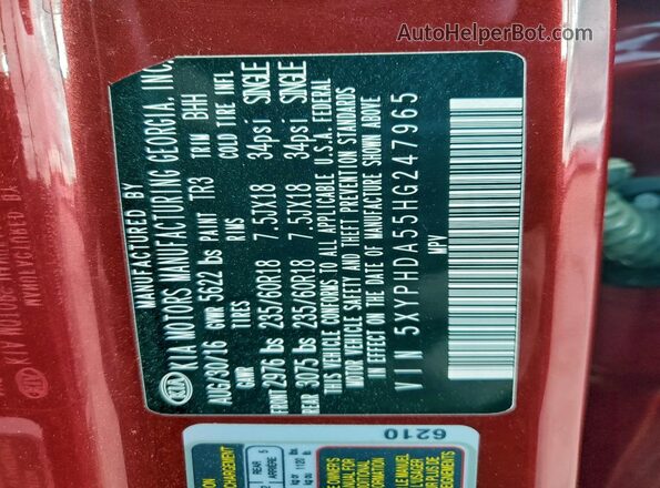 5XYPHDA55HG247965 2017 KIA SORENTO Red Widok komory silnika