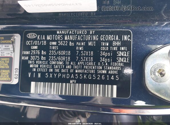 5XYPHDA55KG526145 2019 KIA SORENTO Dark Blue ძრავის განყოფილების ხედი
