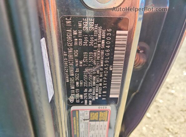 5XYPHDA59LG640036 2020 KIA SORENTO Серый Вид наклейки с VIN-кодом
