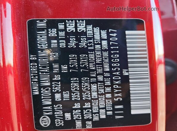 5XYPKDA58GG117047 2016 KIA SORENTO Red 