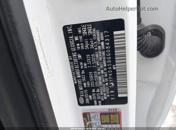 5XYPKDA59GG084317 2016 KIA SORENTO White Вид підкапотного простору