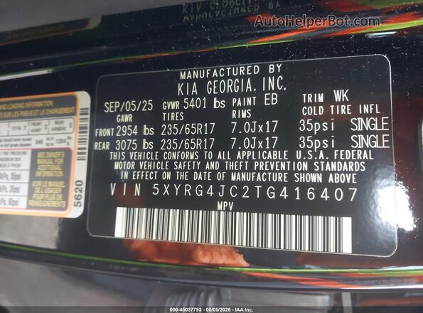 5XYRG4JC2TG416407 2026 KIA SORENTO Black Vista del compartimento del motor