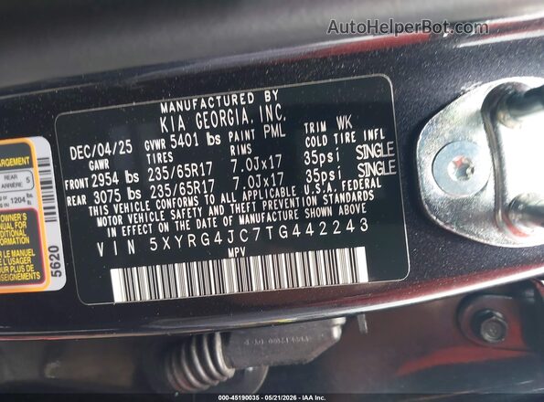 5XYRG4JC7TG442243 2026 KIA SORENTO Black Vista del compartimento del motor