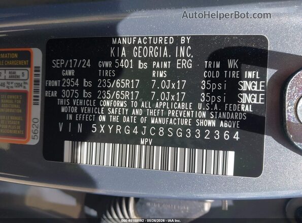 5XYRG4JC8SG332364 2025 KIA SORENTO Gray Вид підкапотного простору