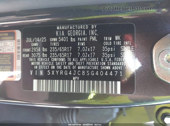 5XYRG4JC8SG404471 2025 KIA SORENTO Black Շարժիչի բաժամունքի տեսք