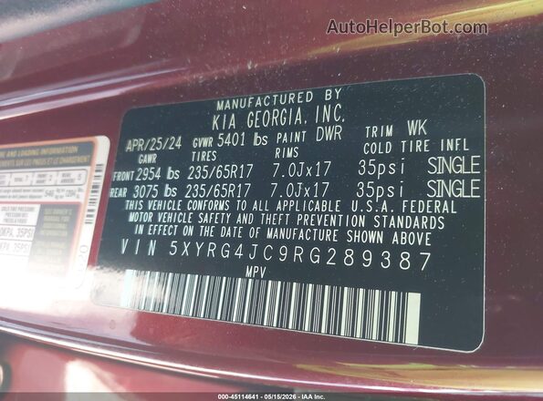 5XYRG4JC9RG289387 2024 KIA SORENTO Red 