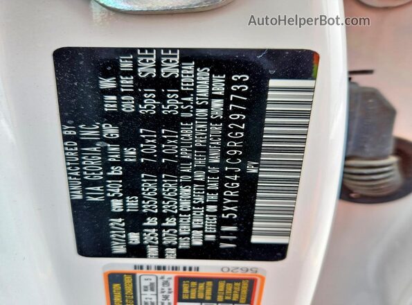 5XYRG4JC9RG297733 2024 KIA SORENTO White VIN კოდის სტიკერის ხედი