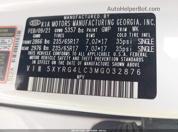 5XYRG4LC3MG032876 2021 KIA SORENTO White Widok komory silnika