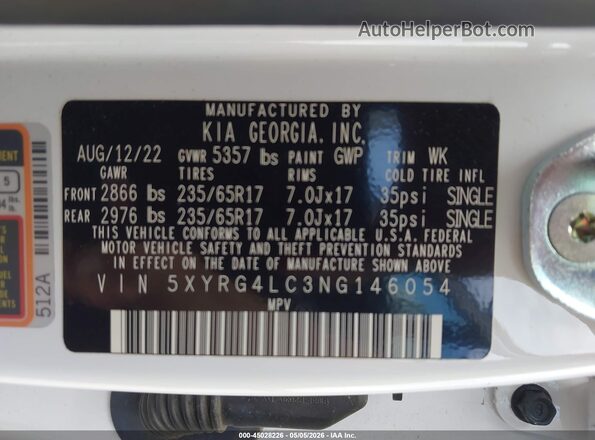 5XYRG4LC3NG146054 2022 KIA SORENTO White Engine compartment view