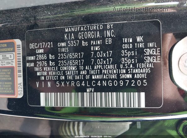 5XYRG4LC4NG097205 2022 KIA SORENTO Black Engine compartment view