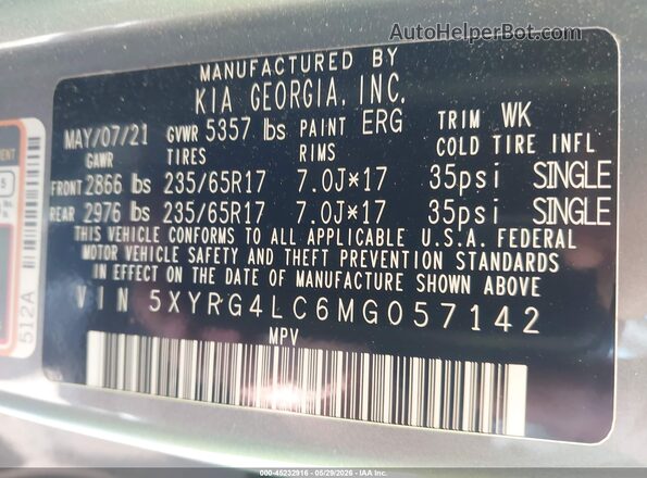 5XYRG4LC6MG057142 2021 KIA SORENTO Серый Вид подкапотного пространства