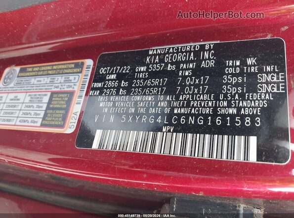 5XYRG4LC6NG161583 2022 KIA SORENTO Red Vista del compartimento del motor