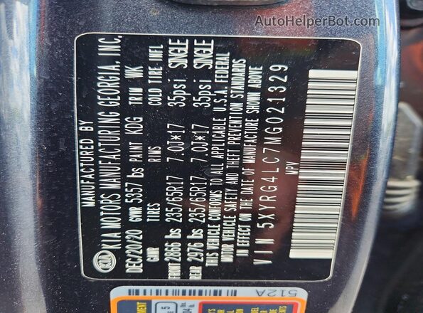 5XYRG4LC7MG021329 2021 KIA SORENTO Gray VIN sticker view