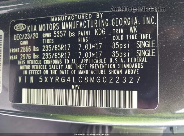 5XYRG4LC8MG022327 2021 KIA SORENTO Gray Engine compartment view