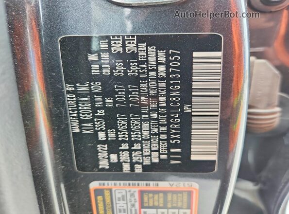 5XYRG4LC8NG137057 2022 KIA SORENTO Серый Вид наклейки с VIN-кодом