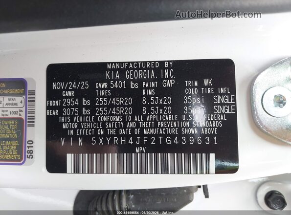 5XYRH4JF2TG439631 2026 KIA SORENTO White ძრავის განყოფილების ხედი