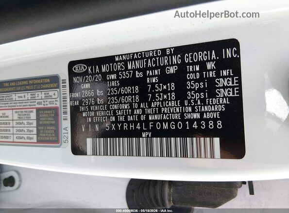 5XYRH4LF0MG014388 2021 KIA SORENTO White Շարժիչի բաժամունքի տեսք