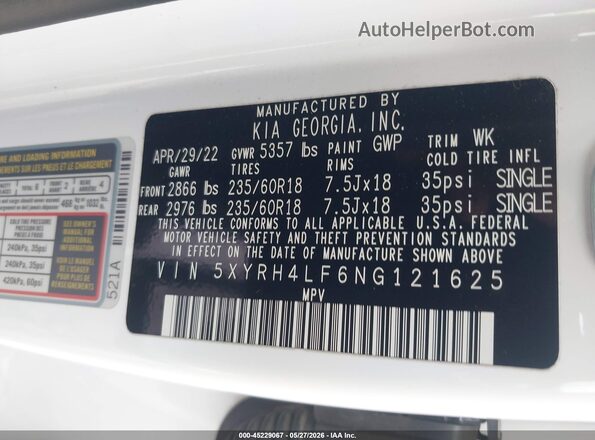 5XYRH4LF6NG121625 2022 KIA SORENTO White 